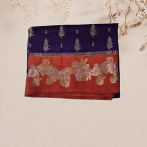 Navy Blue & Rust Red Floral Zari Saree